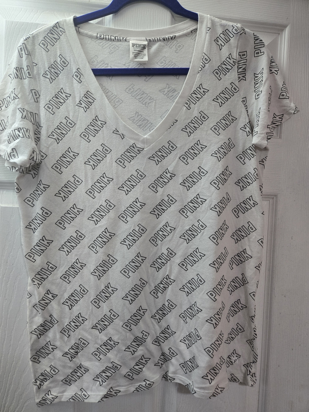 PINK Victoria's Secret White V-Neck Short Sleeve T-shirt With Black Lettering